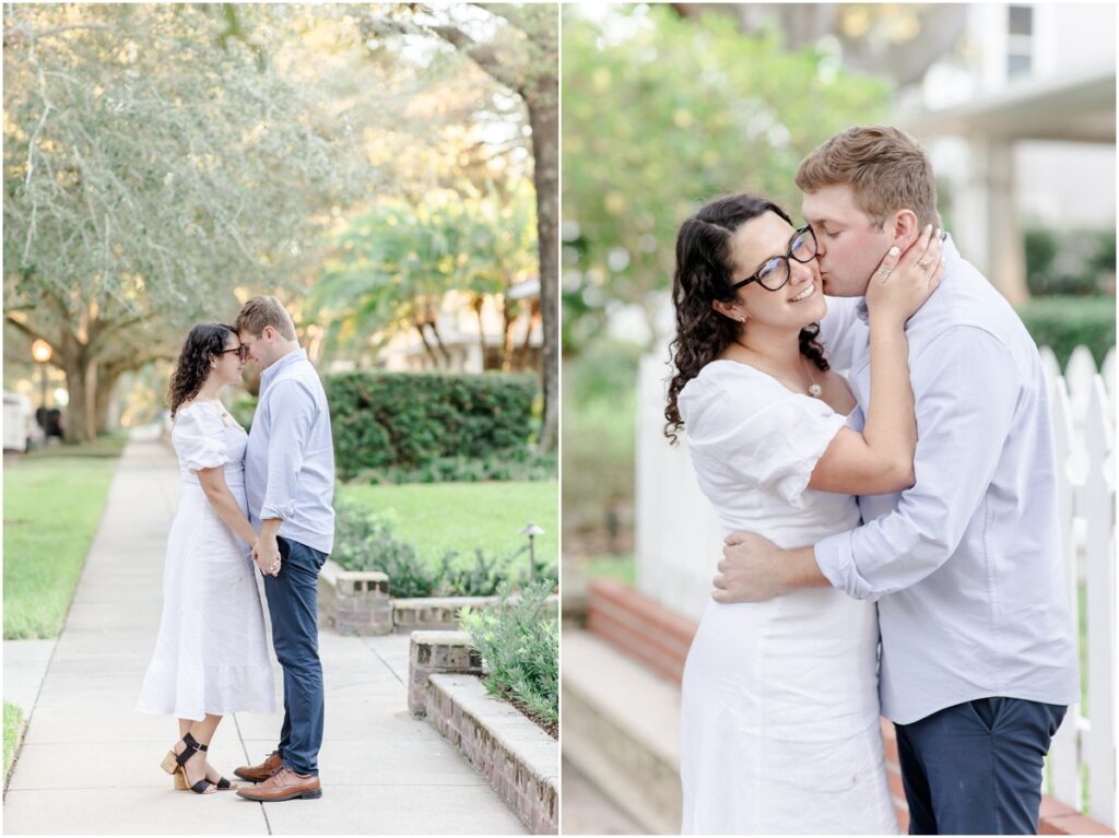 South Tampa Portrait Photographer. Bayshore Boulevard. Tampa Engagement Photography. White dress engagement outfit inspiration. Khaki Pants blue sports coat men outfit inspiration. engagement session with dog. 