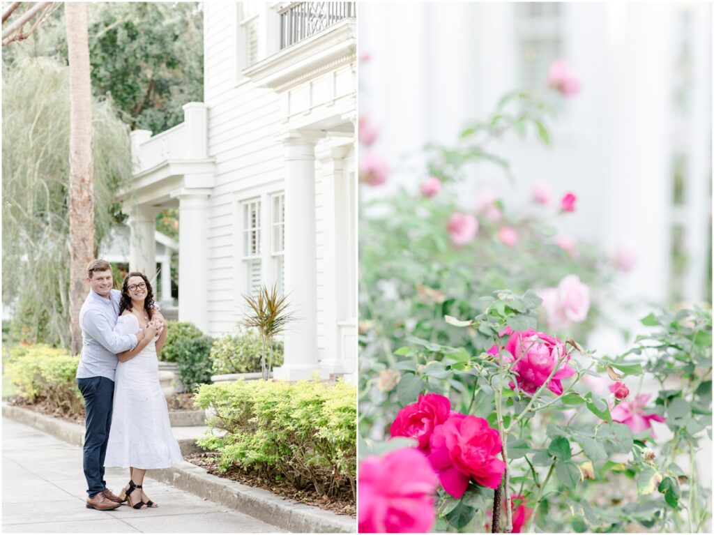 South Tampa Portrait Photographer. Bayshore Boulevard. Tampa Engagement Photography. White dress engagement outfit inspiration. Khaki Pants blue sports coat men outfit inspiration. engagement session with dog. 