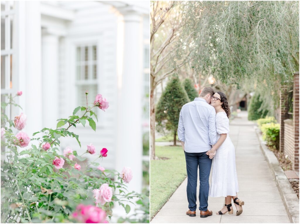 South Tampa Portrait Photographer. Bayshore Boulevard. Tampa Engagement Photography. White dress engagement outfit inspiration. Khaki Pants blue sports coat men outfit inspiration. engagement session with dog. 