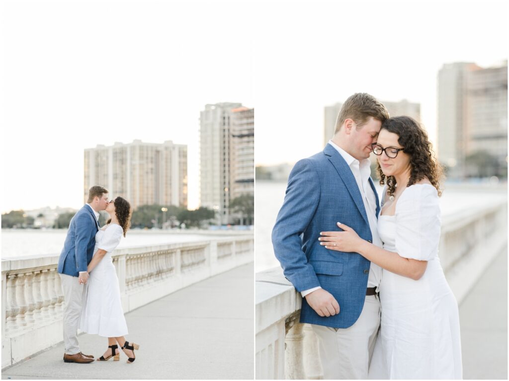 South Tampa Portrait Photographer. Bayshore Boulevard. Tampa Engagement Photography. White dress engagement outfit inspiration. Khaki Pants blue sports coat men outfit inspiration. engagement session with dog. 