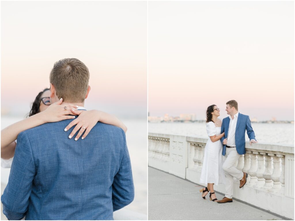 South Tampa Portrait Photographer. Bayshore Boulevard. Tampa Engagement Photography. White dress engagement outfit inspiration. Khaki Pants blue sports coat men outfit inspiration. engagement session with dog. 