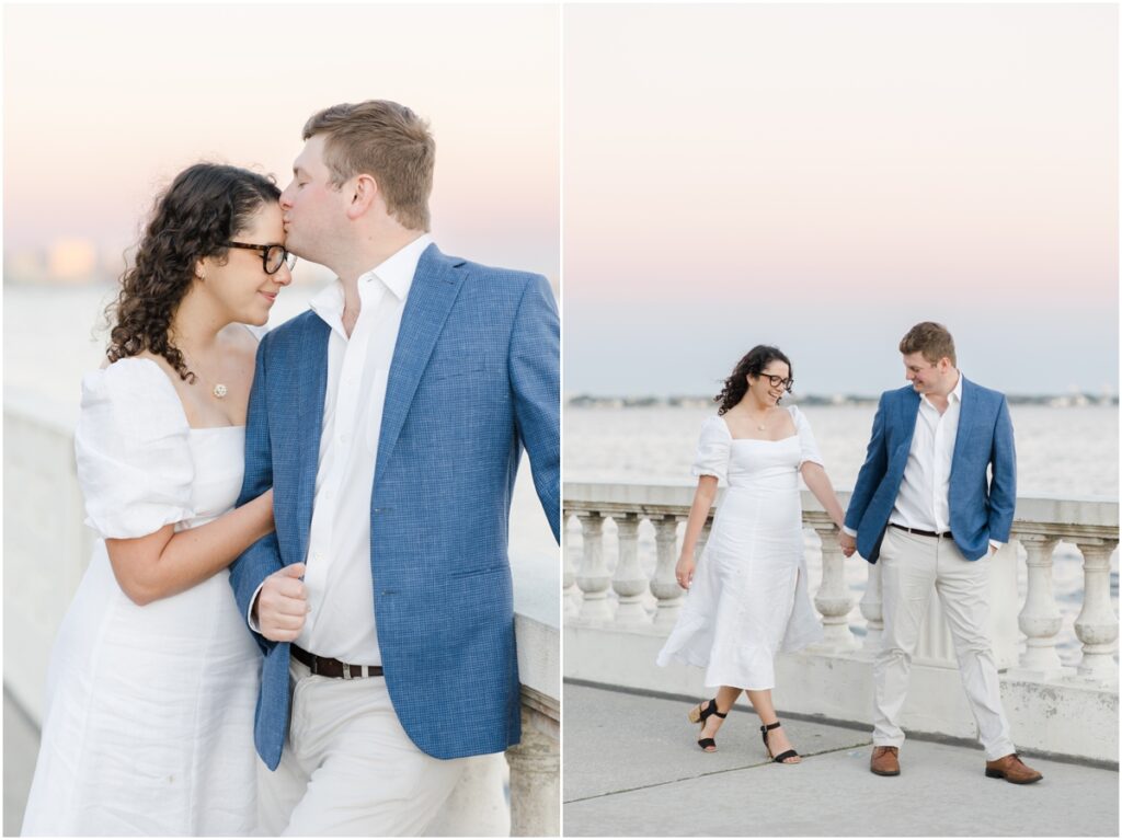 South Tampa Portrait Photographer. Bayshore Boulevard. Tampa Engagement Photography. White dress engagement outfit inspiration. Khaki Pants blue sports coat men outfit inspiration. engagement session with dog. 