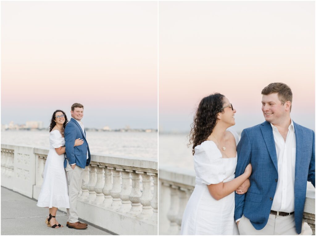 South Tampa Portrait Photographer. Bayshore Boulevard. Tampa Engagement Photography. White dress engagement outfit inspiration. Khaki Pants blue sports coat men outfit inspiration. engagement session with dog. 