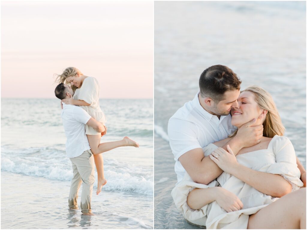 Beach Engagement Photos. Cotton Candy Sunset. Neutral Outfit Inspiration. Tampa Portrait Photographer. Tampa Wedding Photographer. Sarasota Wedding Photographer.