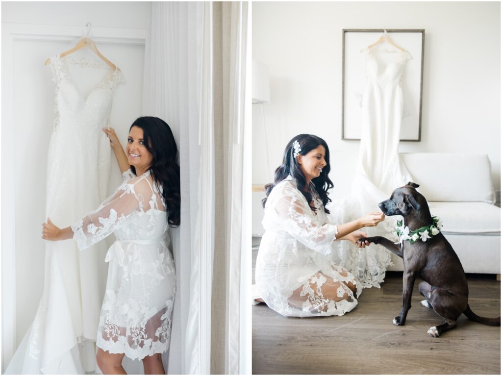 Bride Getting Ready with dog. Bridal Photos with dog. Bakers Cay resort wedding. 