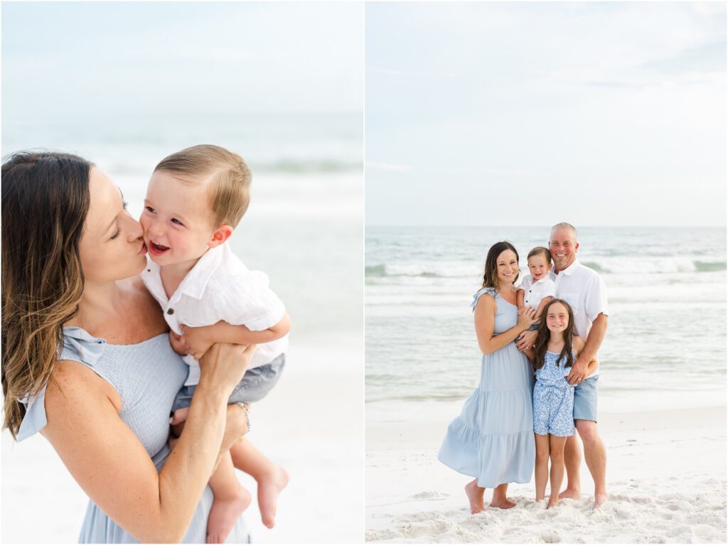 family photos in seaside florida. 30a florida beach photography. family beach photos in blue and white outfits. 
