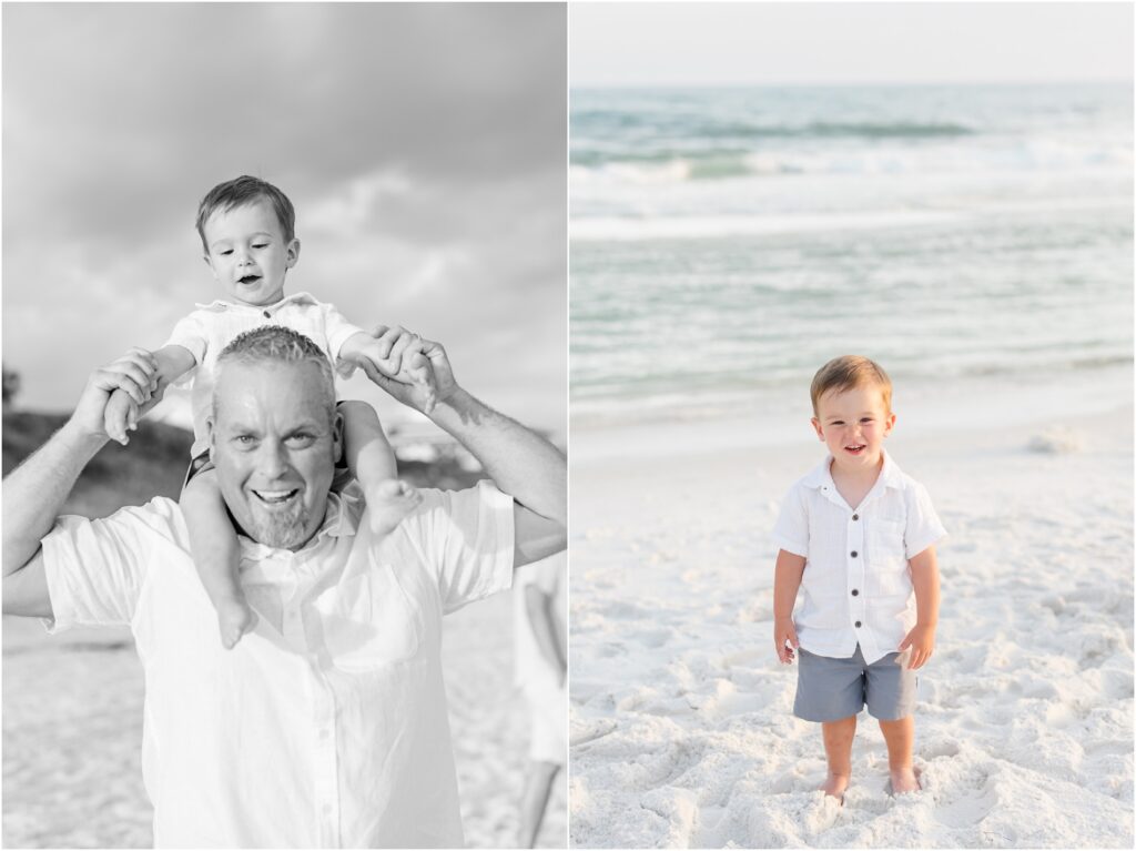 family photos in seaside florida. 30a florida beach photography. family beach photos in blue and white outfits. 