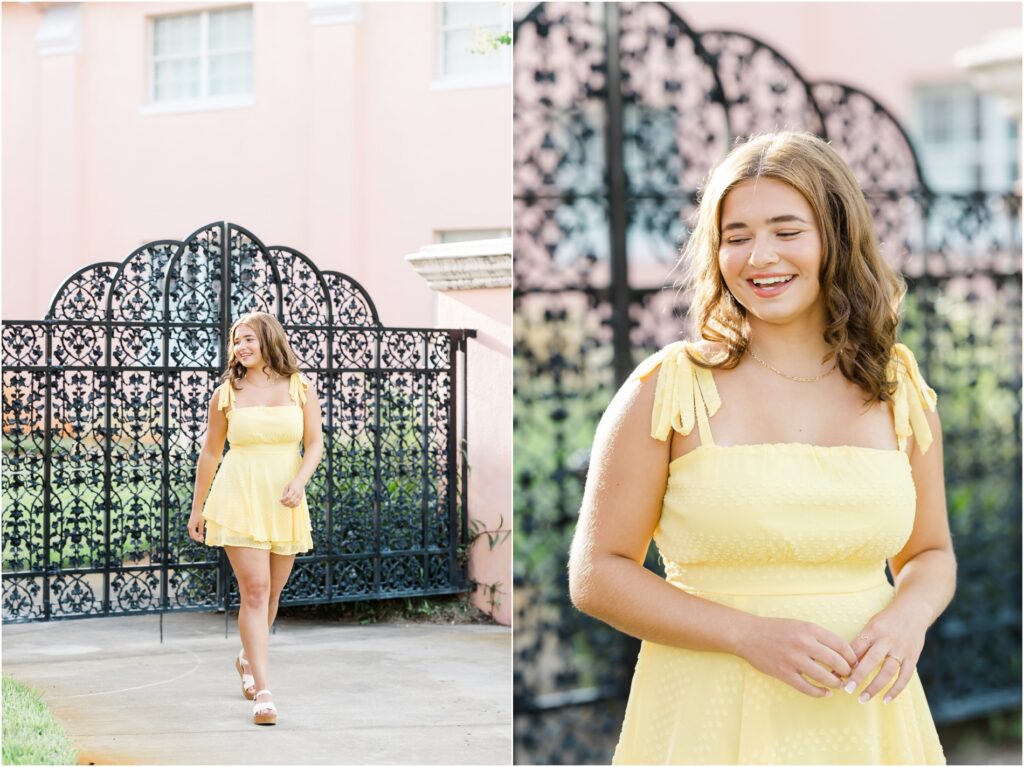 Downtown Clearwater Senior Photos. Senior Photos with pink building. Dunedin Senior Photos. Tampa Senior Photographer.
