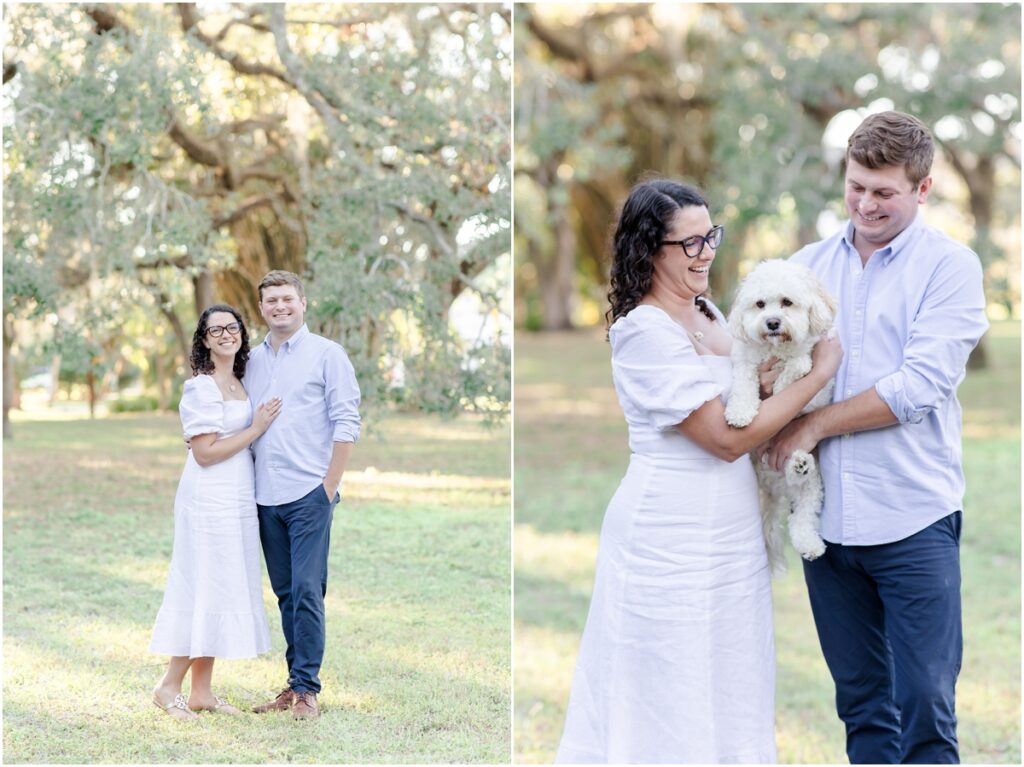 South Tampa Portrait Photographer. Bayshore Boulevard. Tampa Engagement Photography. White dress engagement outfit inspiration. Khaki Pants blue sports coat men outfit inspiration. engagement session with dog. 