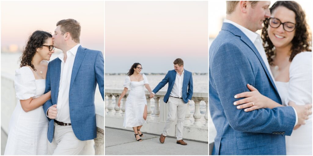 South Tampa Portrait Photographer. Bayshore Boulevard. Tampa Engagement Photography. White dress engagement outfit inspiration. Khaki Pants blue sports coat men outfit inspiration. engagement session with dog. 