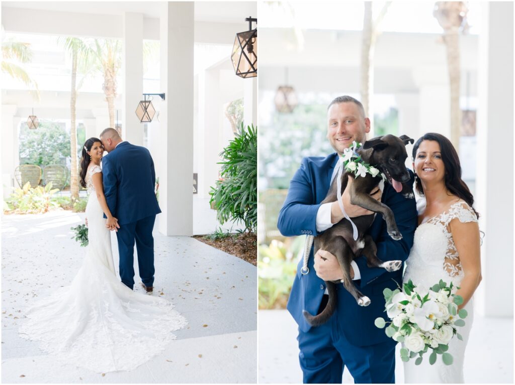 Bakers Cay Resort Wedding. Bride and Groom portraits with dog. 